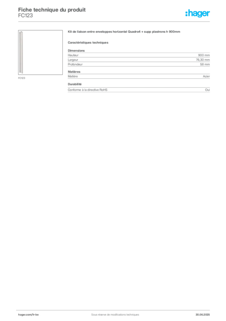 Image Hager Fiche technique du produit FC123 | Hager Belgique