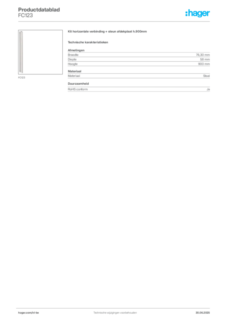 Afbeelding Hager Productdatablad FC123 | Hager Belgium