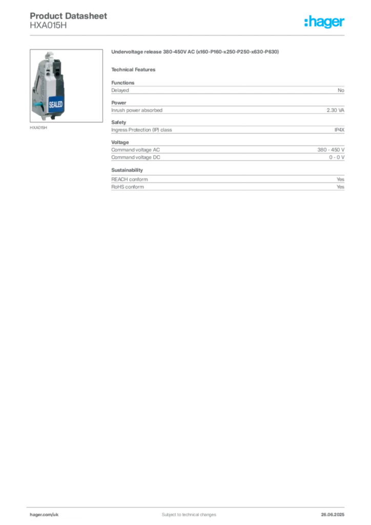 Image Hager Product data sheet HXA015H  | Hager