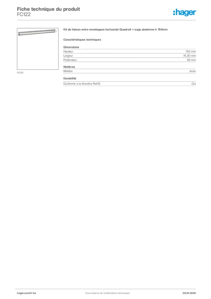 Image Hager Fiche technique du produit FC122 | Hager Belgique