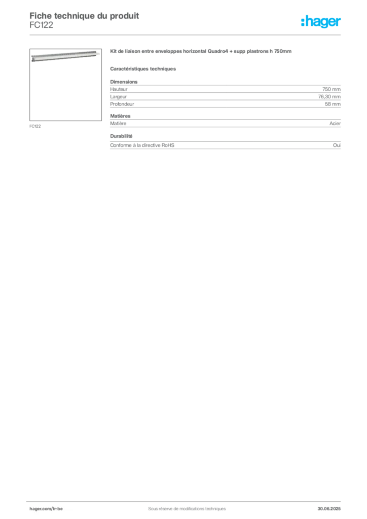 Image Hager Fiche technique du produit FC122 | Hager Belgique