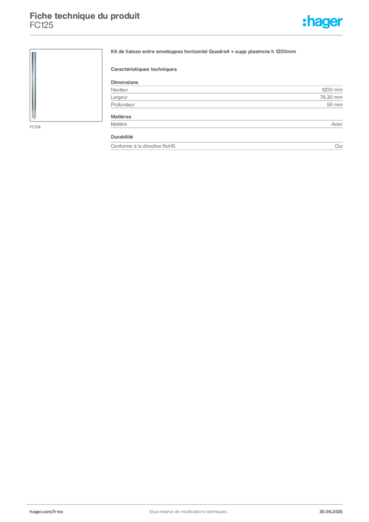 Image Hager Fiche technique du produit FC125 | Hager Belgique