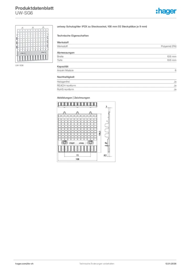 Bild Hager Produktdatenblatt UW-SG6 | Hager Schweiz