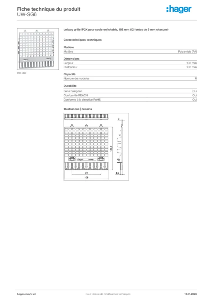 Image Hager Fiche technique du produit UW-SG6 | Hager Suisse