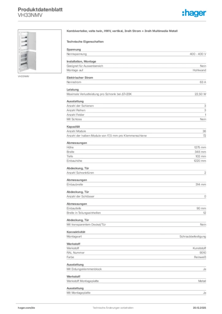 Bild Hager Produktdatenblatt VH33NMV | Hager Deutschland