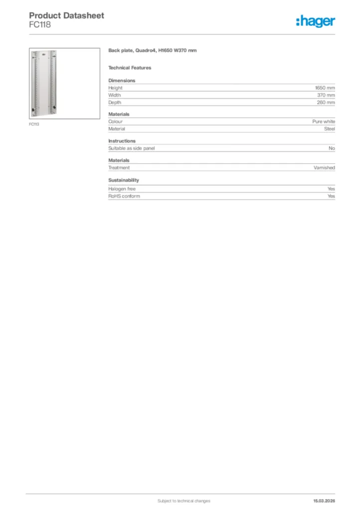Image Hager Product data sheet FC118  | Hager Africa
