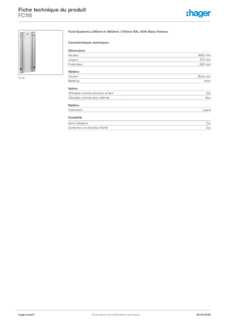 Image Hager Fiche technique du produit FC118 | Hager France