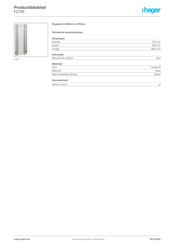 Afbeelding Hager Productdatablad FC118 | Hager Belgium