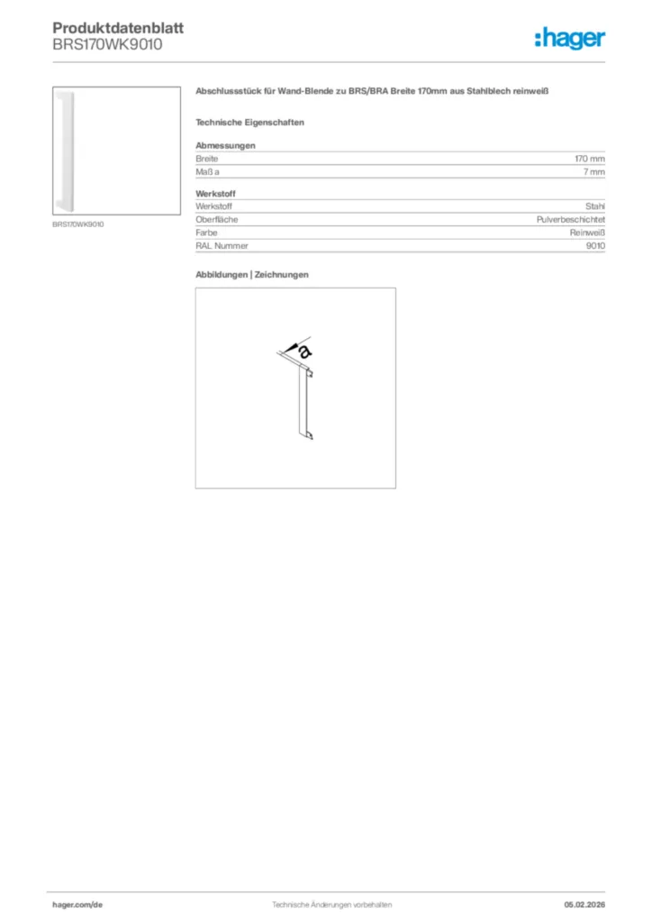 Bild Hager Produktdatenblatt BRS170WK9010 | Hager Deutschland