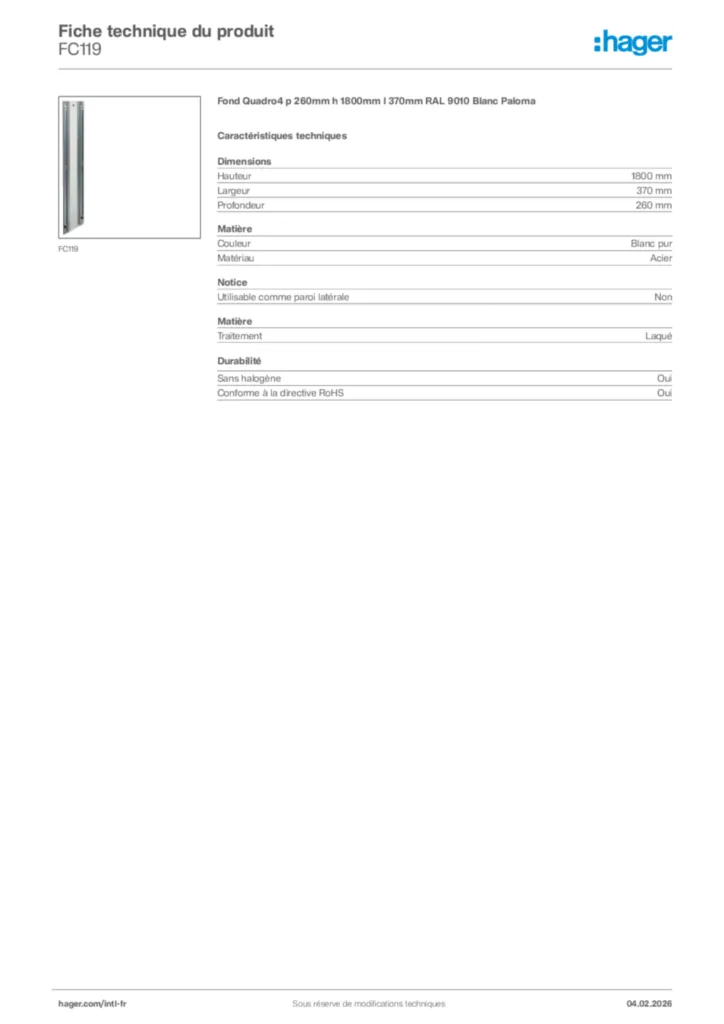 Image Hager Fiche technique du produit FC119 | Hager Afrique