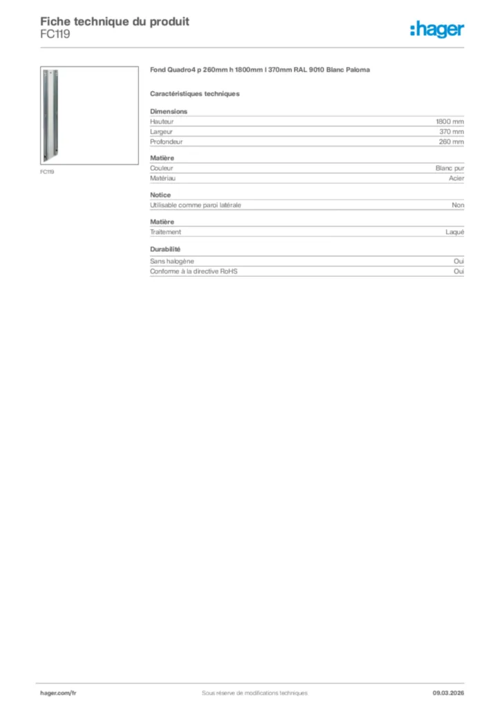 Image Hager Fiche technique du produit FC119 | Hager France