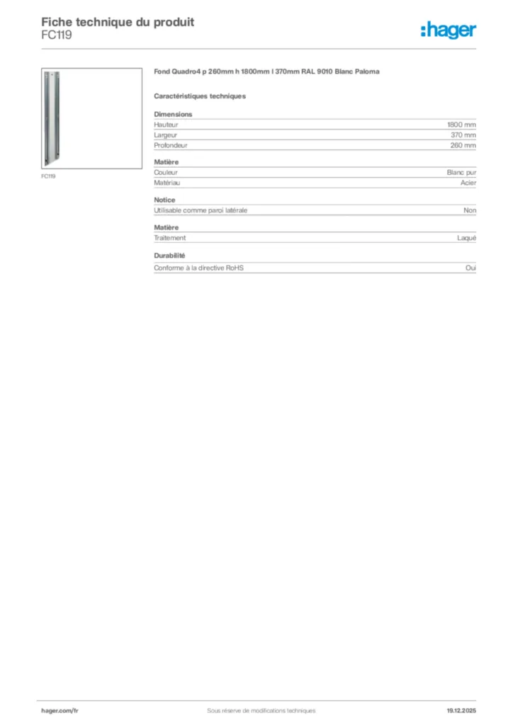 Image Hager Fiche technique du produit FC119 | Hager France