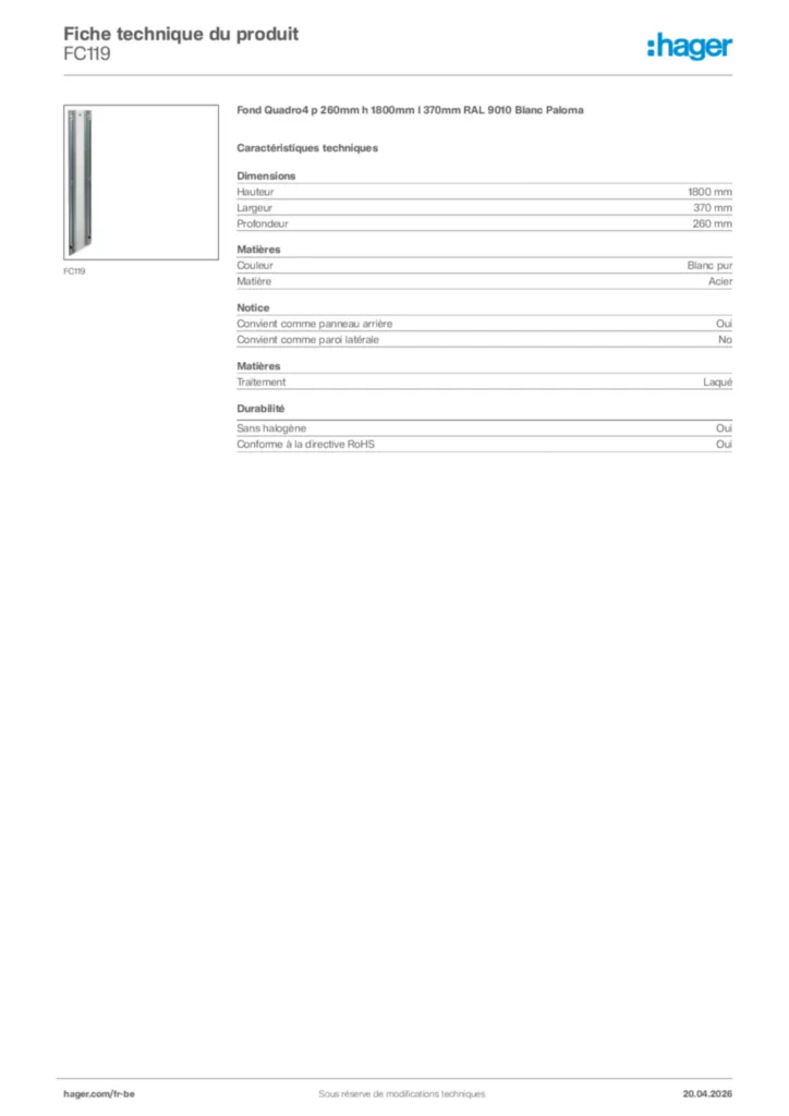 Image Hager Fiche technique du produit FC119 | Hager Belgique