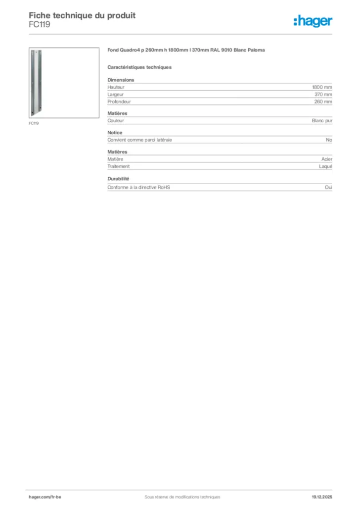 Image Hager Fiche technique du produit FC119 | Hager Belgique