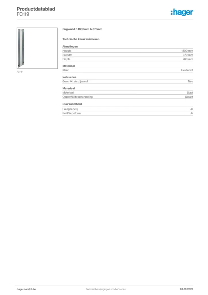 Afbeelding Hager Productdatablad FC119 | Hager Belgium
