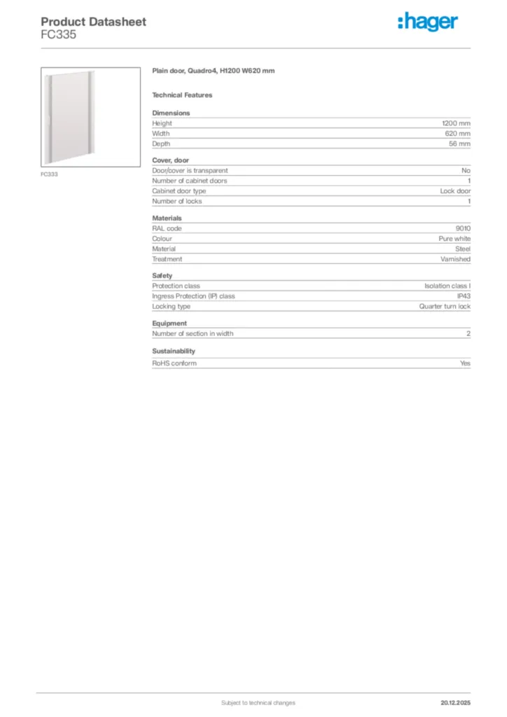 Image Hager Product data sheet FC335  | Hager Africa