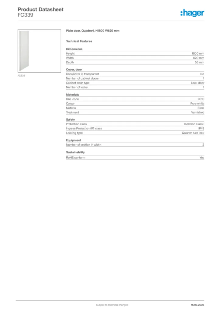 Image Hager Product data sheet FC339  | Hager Africa