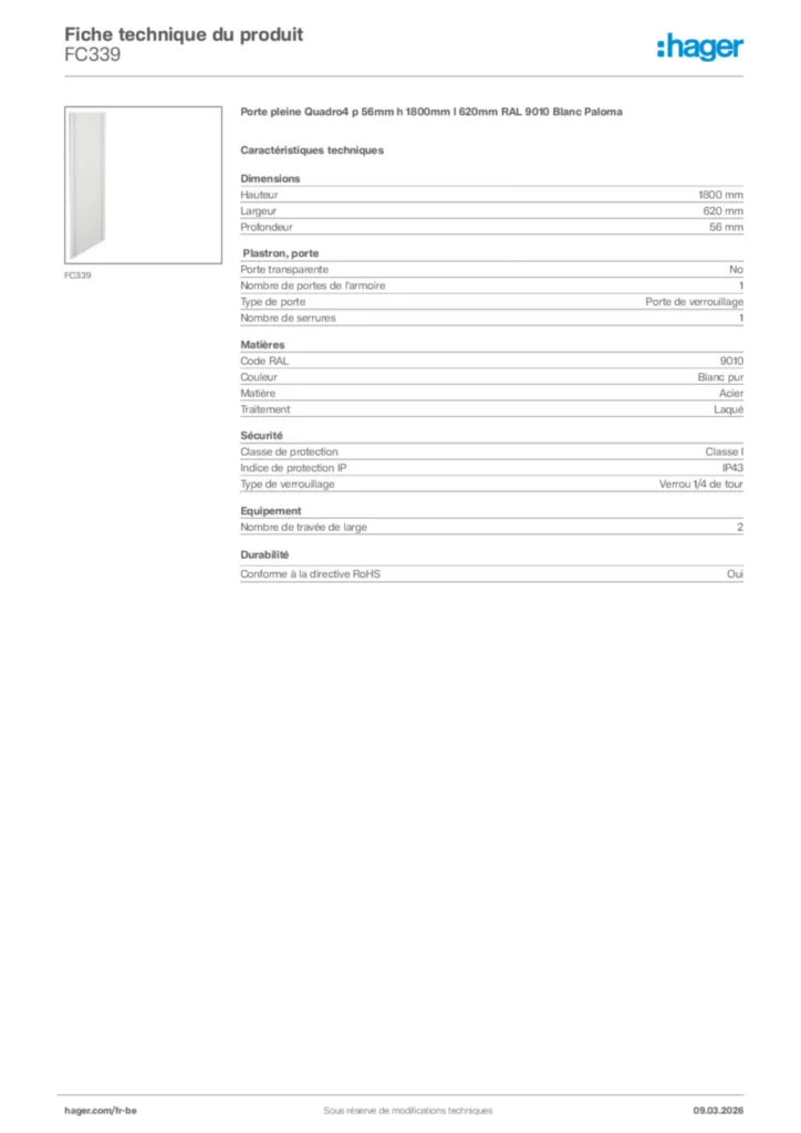 Image Hager Fiche technique du produit FC339 | Hager Belgique