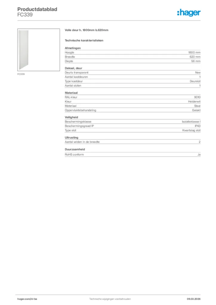 Afbeelding Hager Productdatablad FC339 | Hager Belgium