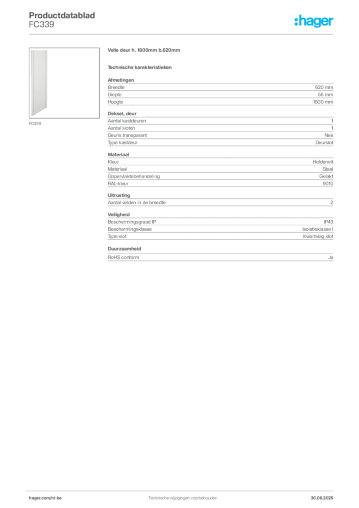 Afbeelding Hager Productdatablad FC339 | Hager Belgium