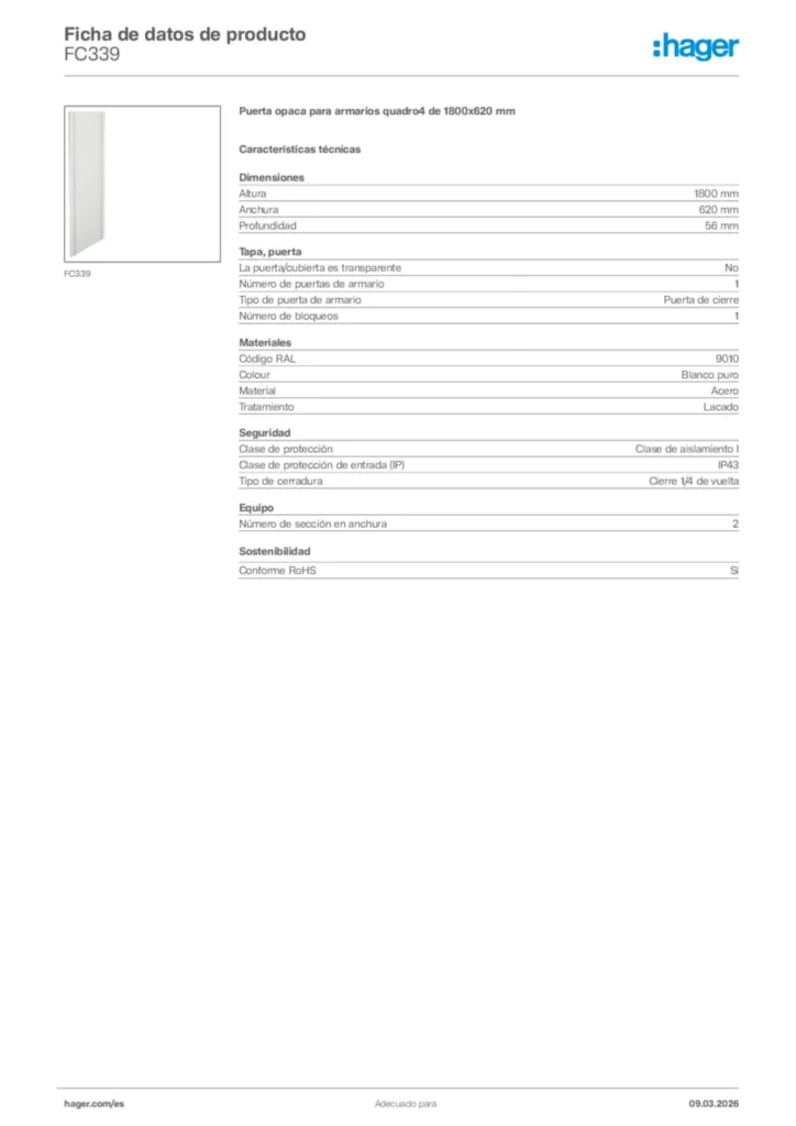 Imagen Hager Ficha de datos de producto FC339 | Hager España