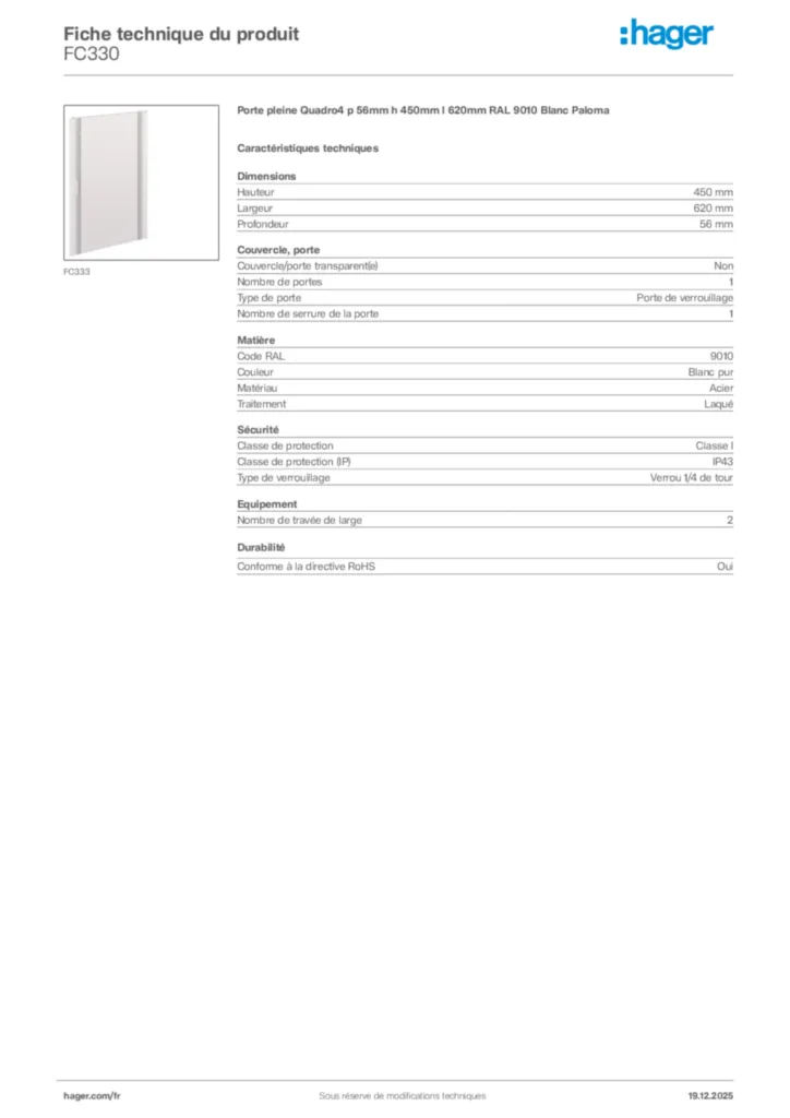 Image Hager Fiche technique du produit FC330 | Hager France