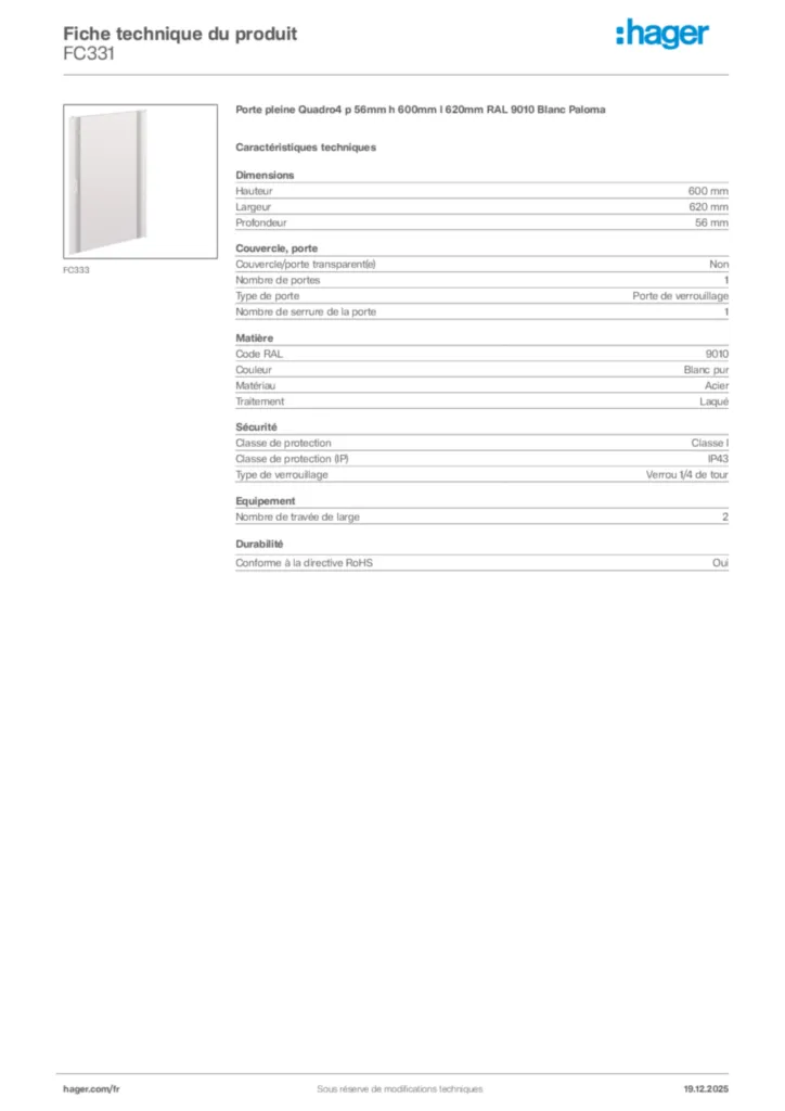 Image Hager Fiche technique du produit FC331 | Hager France