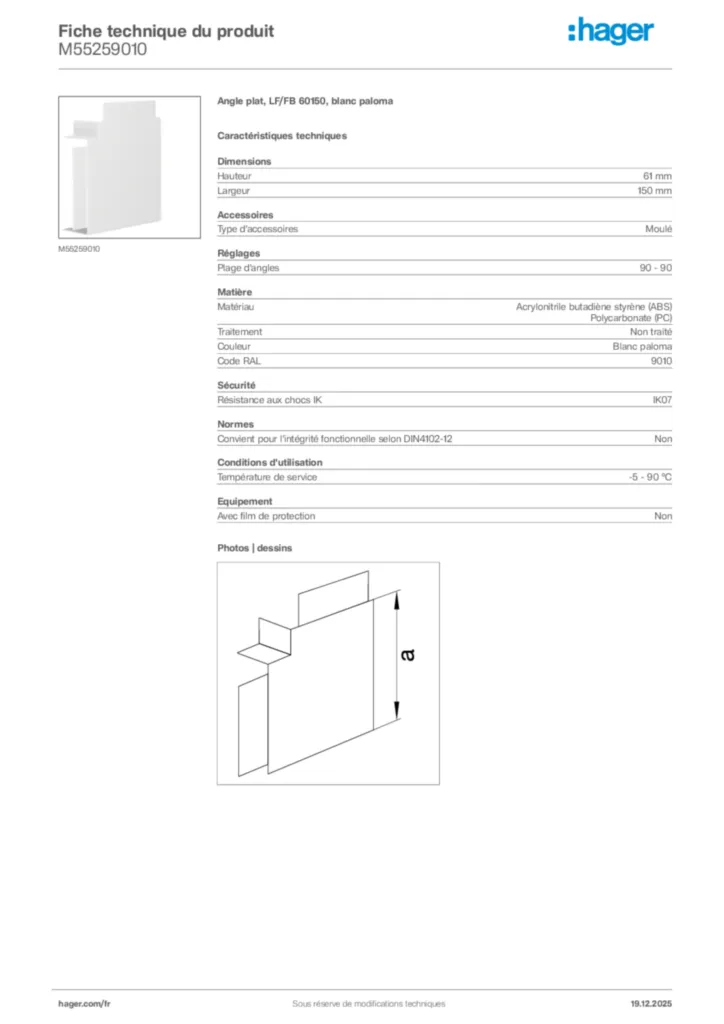 Image Hager Fiche technique du produit M55259010 | Hager France