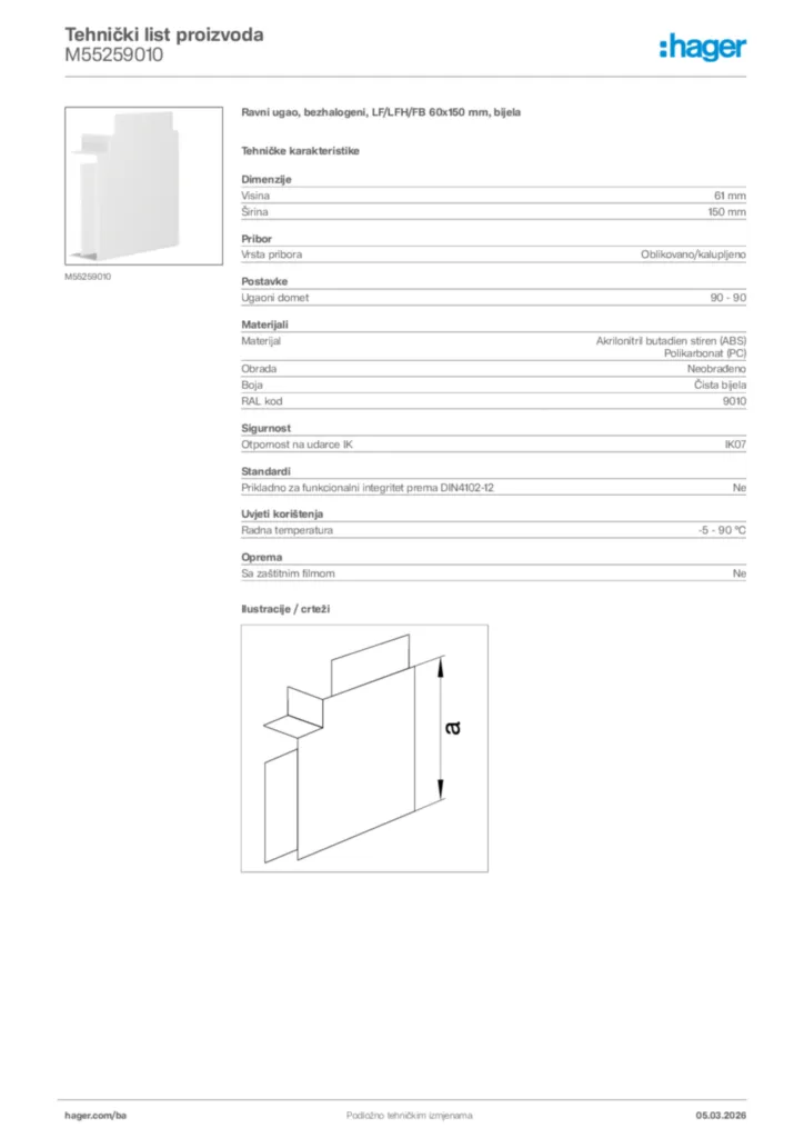 Slika Hager Tehnički list proizvoda M55259010  | Hager
