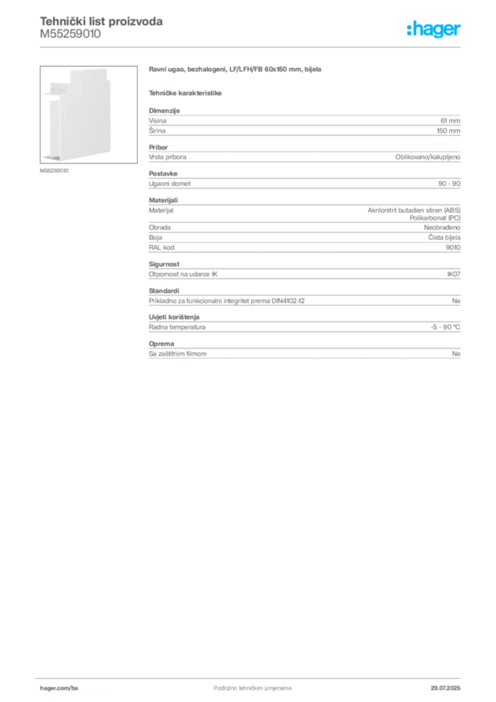 Slika Hager Product data sheet M55259010  | Hager