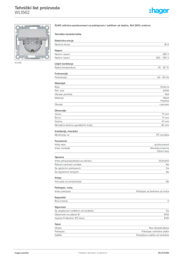 Slika Hager Product data sheet WL1562  | Hager
