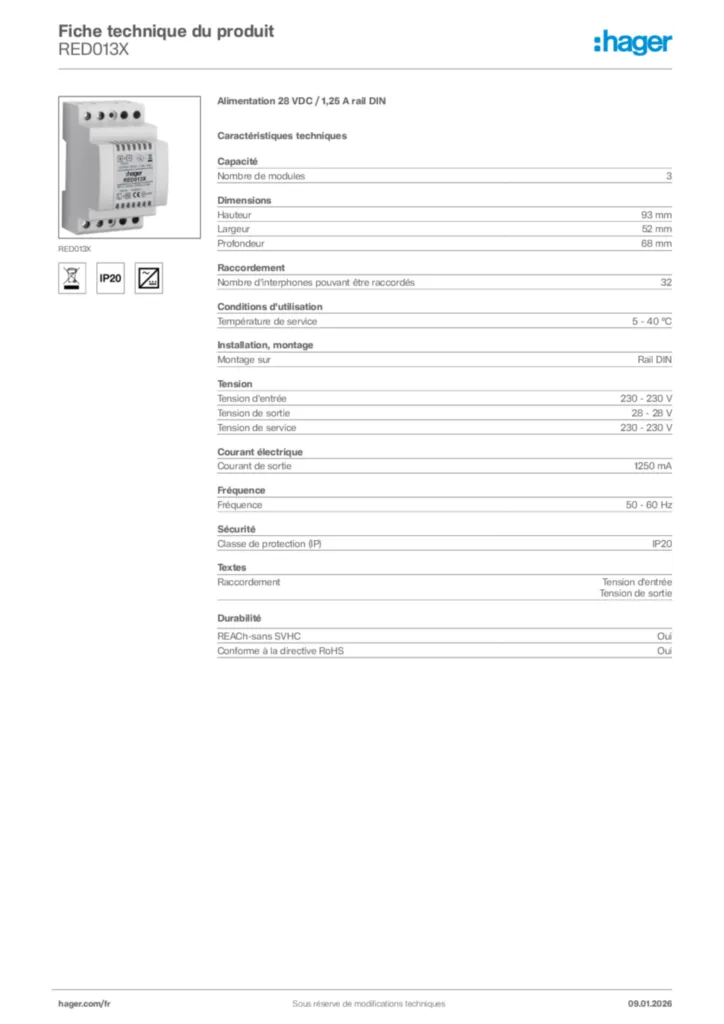 Image Hager Fiche technique du produit RED013X | Hager France