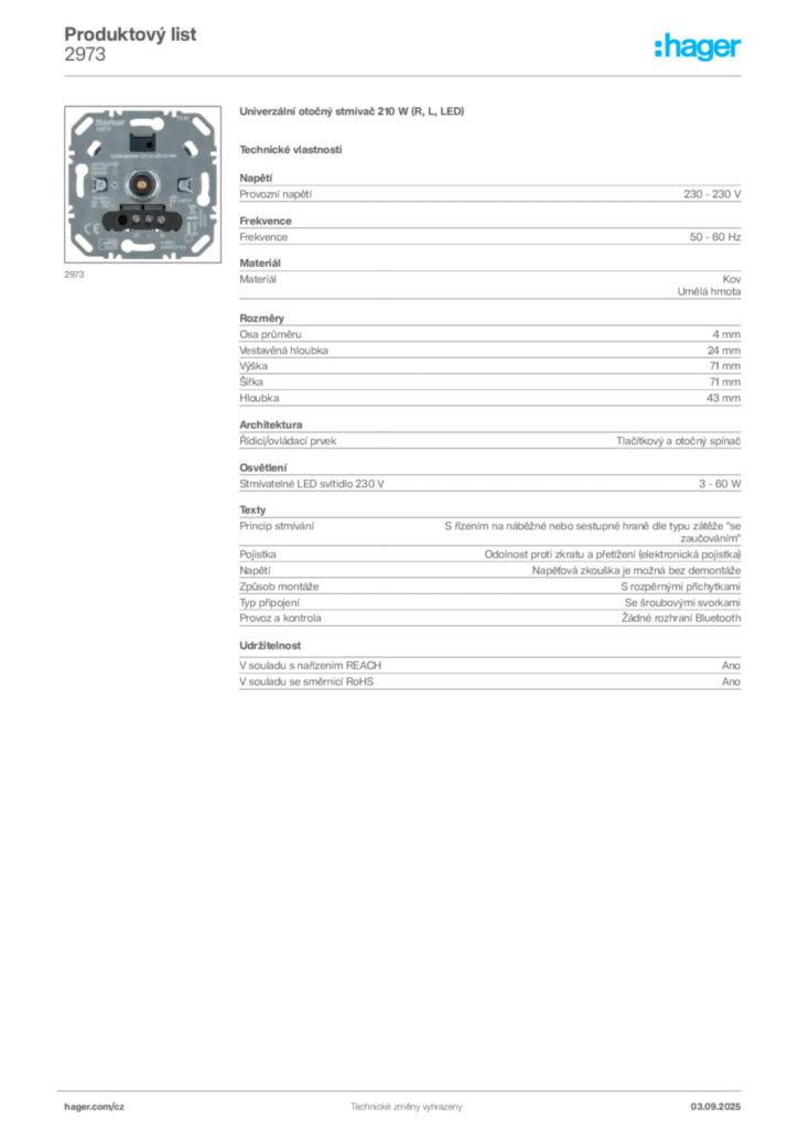 Obrázek Hager Produktový list 2973 | Hager