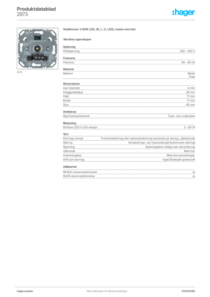 Bild Hager Produktdatablad 2973 | Hager Sverige