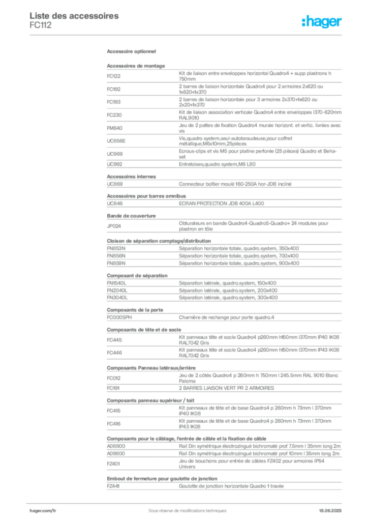 Image Hager Fiche technique du produit FC112 | Hager France