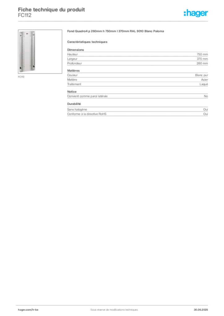 Image Hager Fiche technique du produit FC112 | Hager Belgique