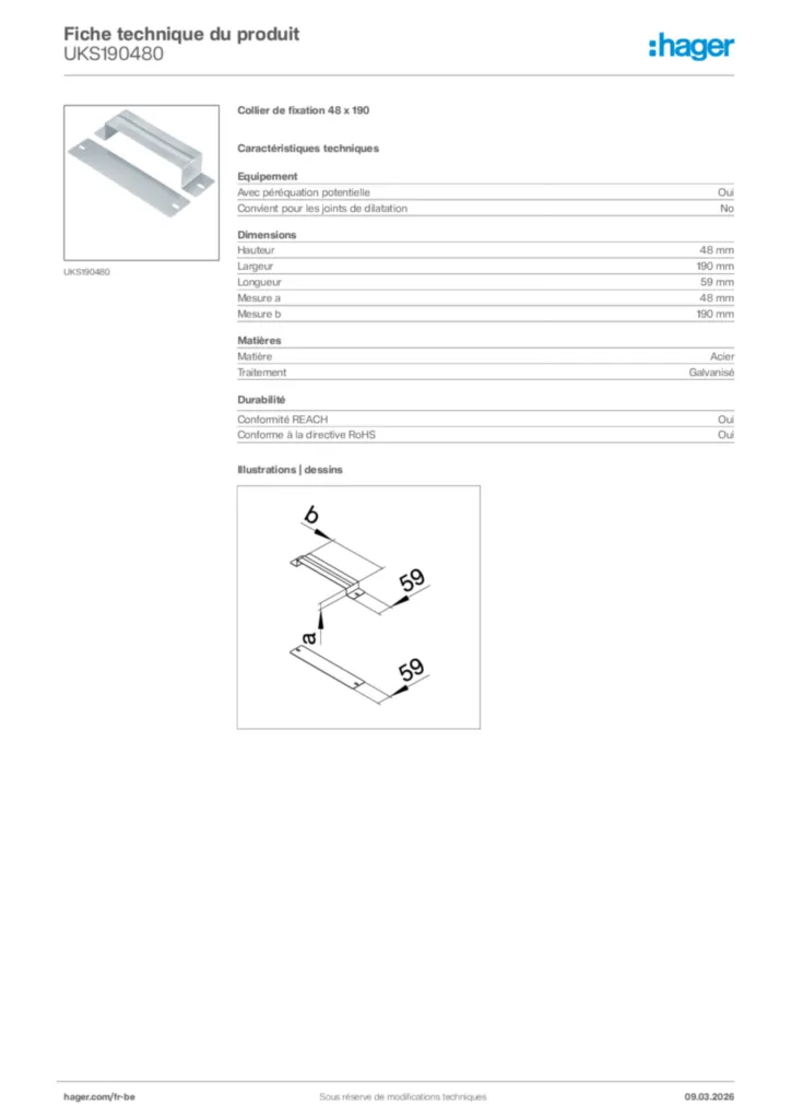 Image Hager Fiche technique du produit UKS190480 | Hager Belgique