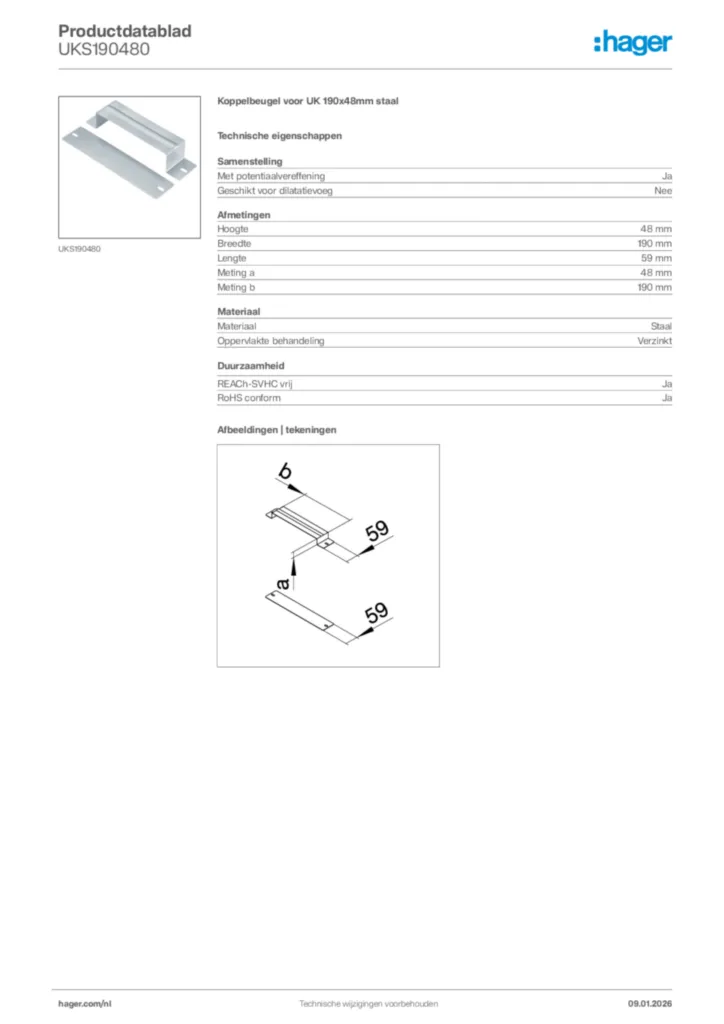 Afbeelding Hager Productdatablad UKS190480 | Hager Nederland