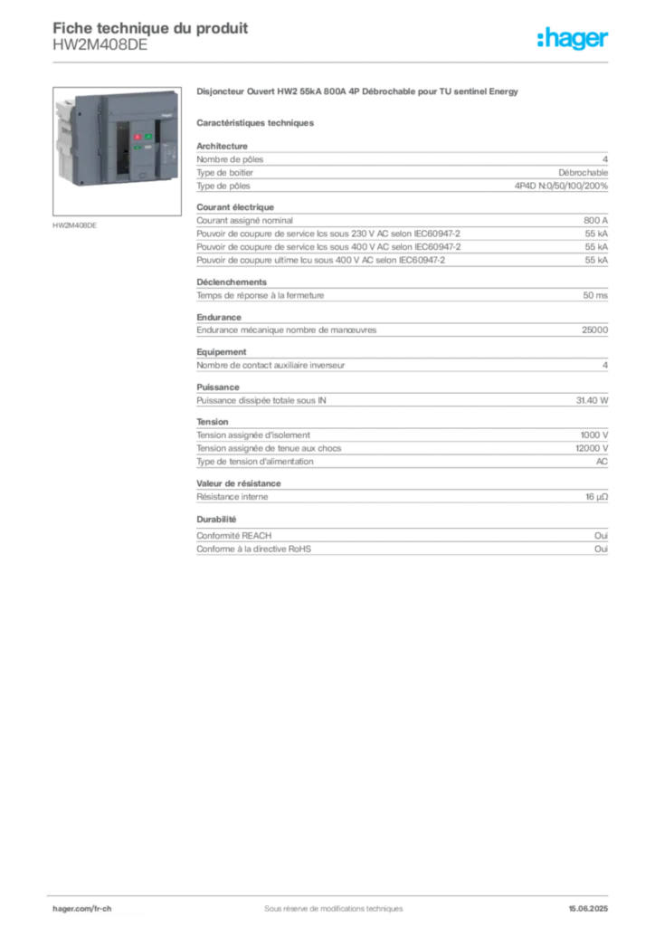 Image Hager Fiche technique du produit HW2M408DE | Hager Suisse