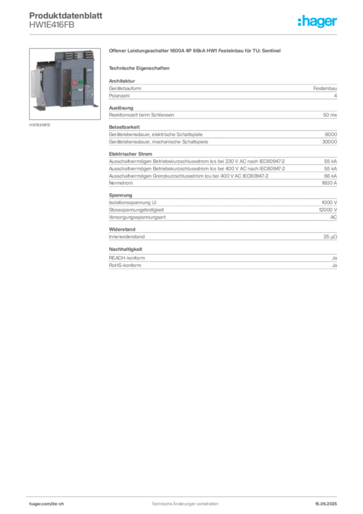 Bild Hager Produktdatenblatt HW1E416FB | Hager Schweiz