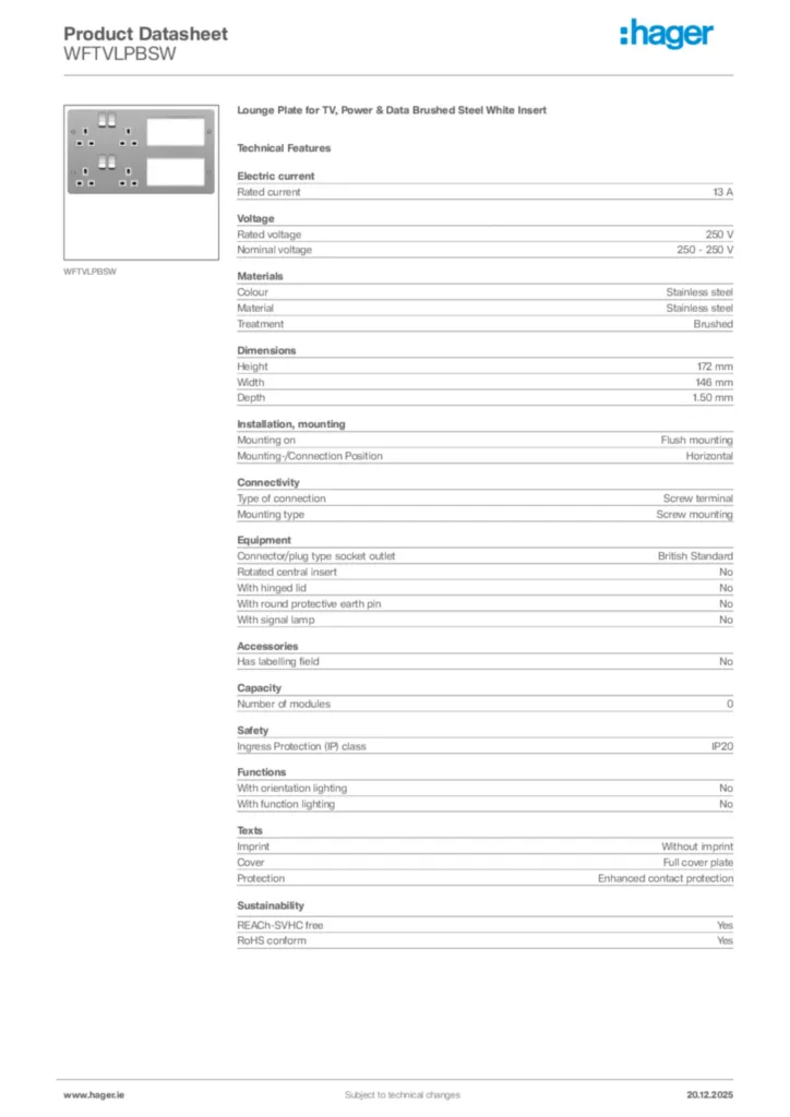 Image Hager Product data sheet WFTVLPBSW  | Hager