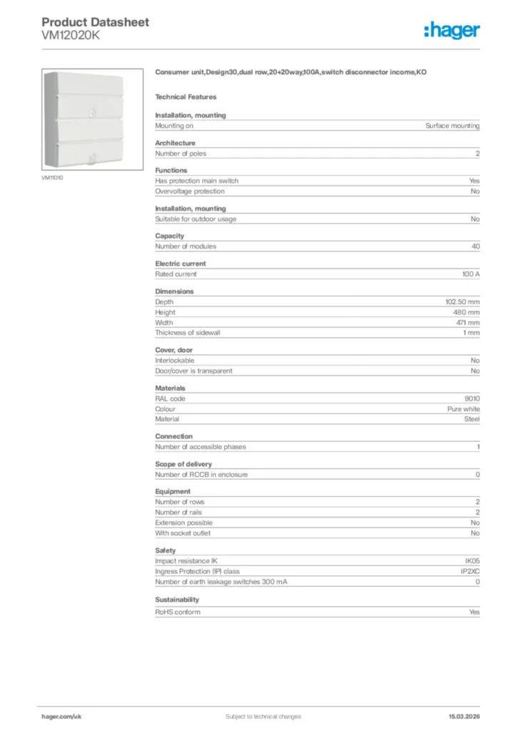Image Hager Product data sheet VM12020K  | Hager