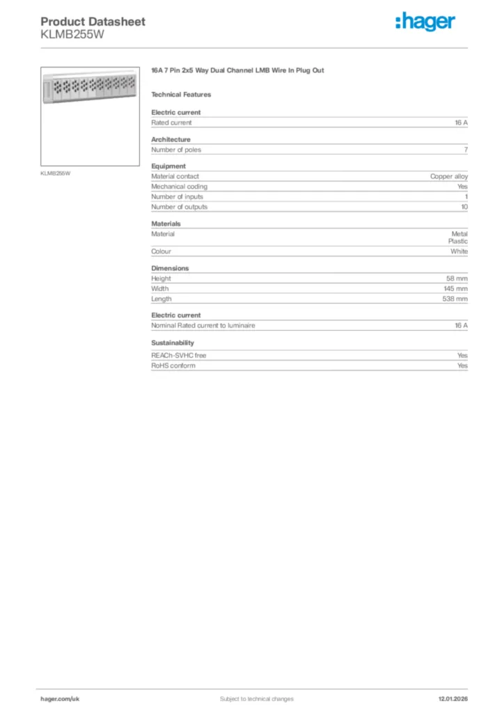 Image Hager Product data sheet KLMB255W  | Hager
