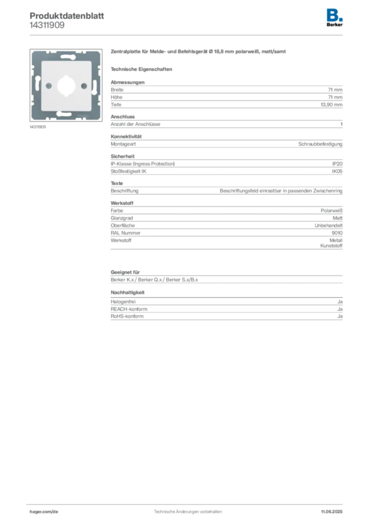 Bild Berker Produktdatenblatt 14311909 | Hager Deutschland