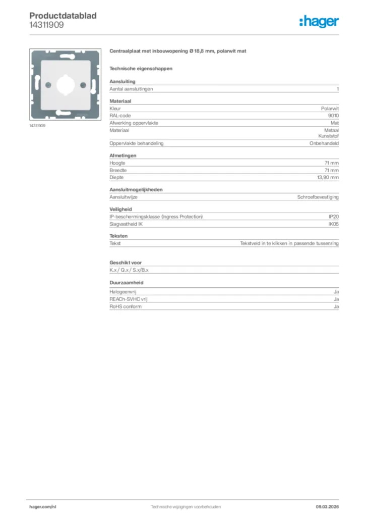 Afbeelding Hager Productdatablad 14311909 | Hager Nederland