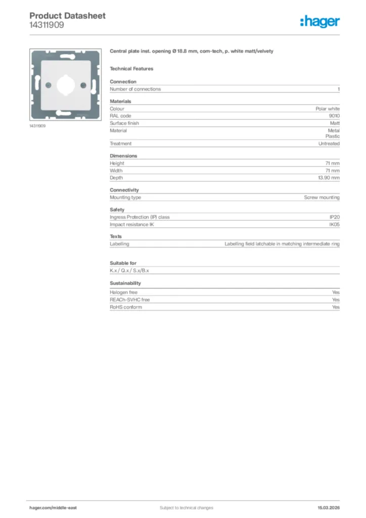 Image Hager Product data sheet 14311909  | Hager
