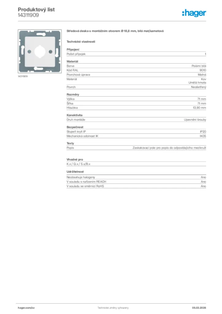 Obrázek Hager Product data sheet 14311909 | Hager