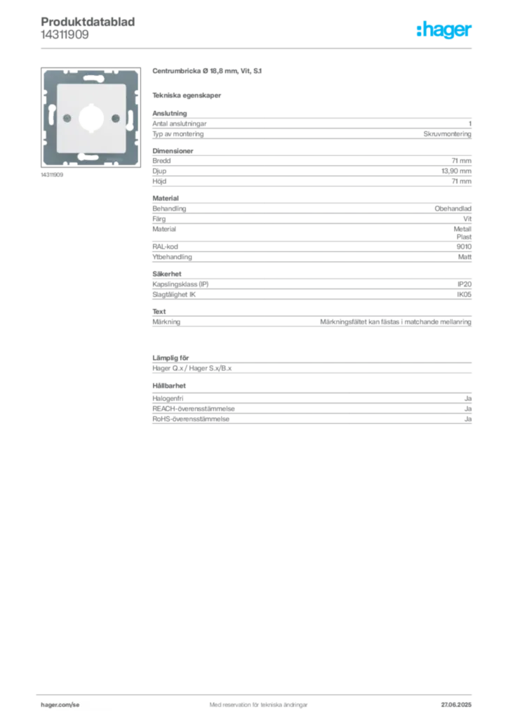 Bild Hager Produktdatablad 14311909 | Hager Sverige