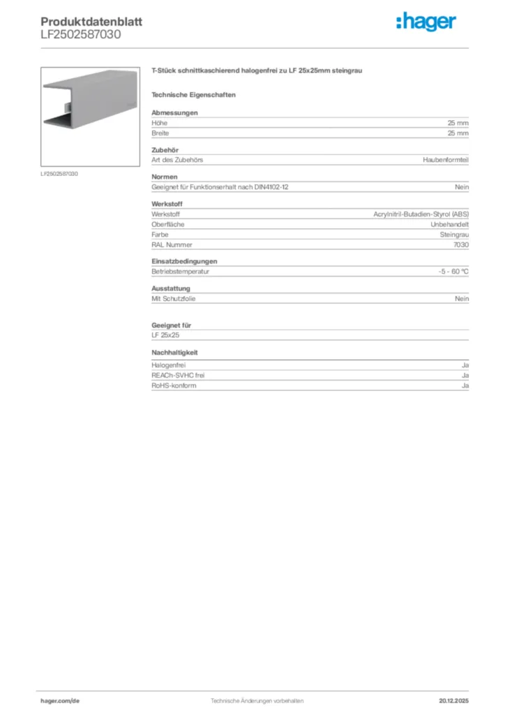 Bild Hager Produktdatenblatt LF2502587030 | Hager Deutschland