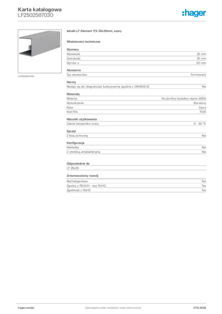Zdjęcie Hager Karta katalogowa LF2502587030 | Hager Polska